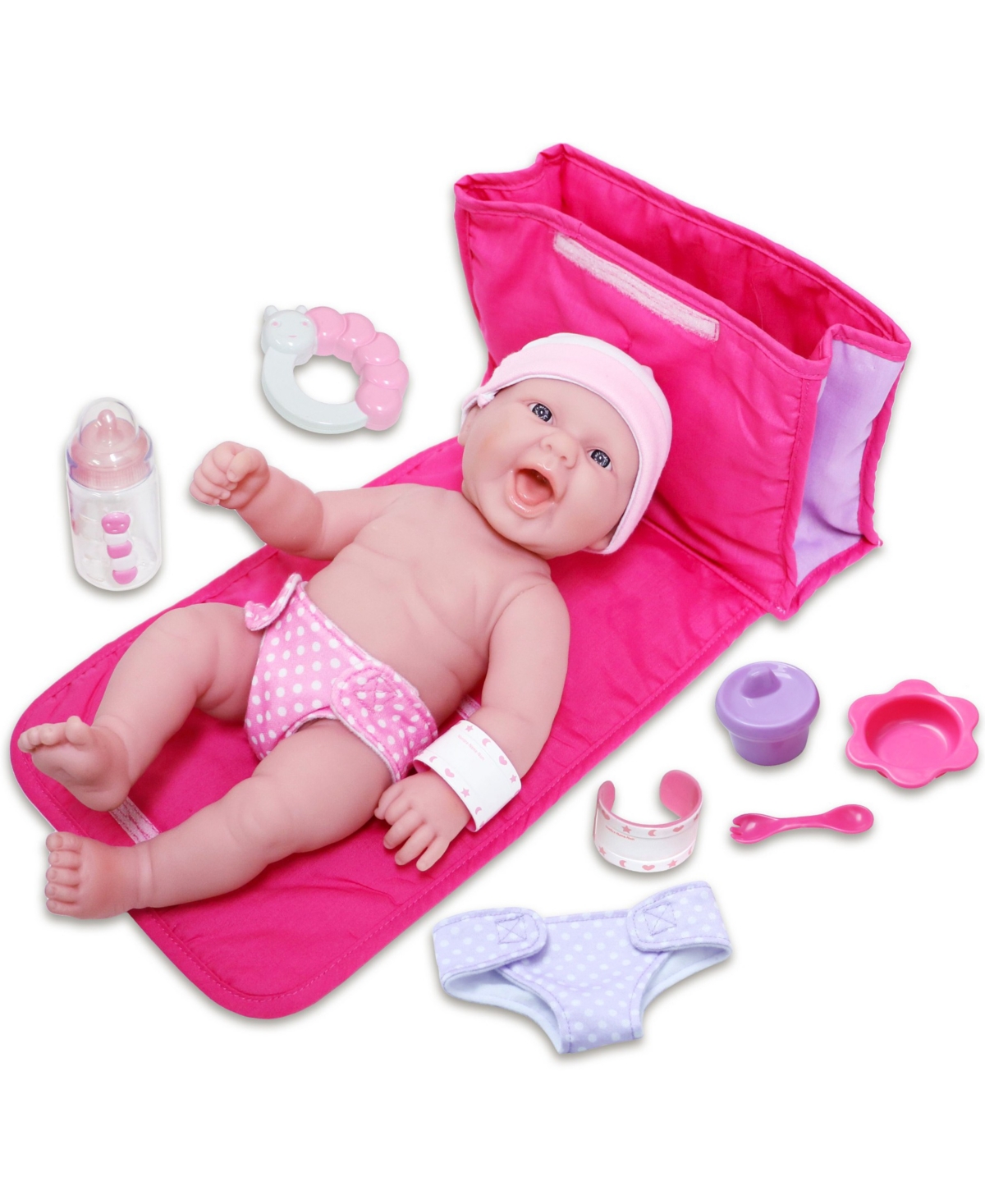 Jc Toys La Newborn 13" Smiling Baby Doll 10 Pcs Diaper Bag Gift Set In Diaper Bag Set - Pink