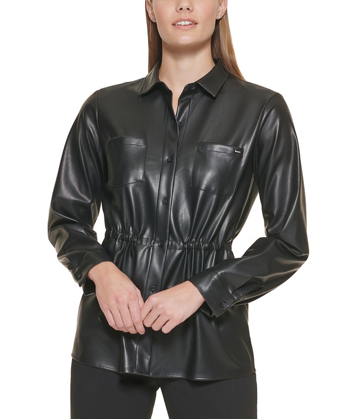 Calvin Klein Faux Leather Cinched Waist Shirt - Macy's
