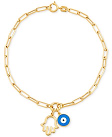 Hamsa Hand & Glass Evil Eye Charm Bracelet in 10k Gold