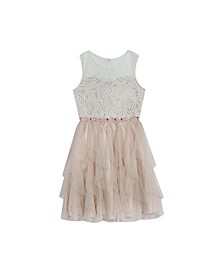Big Girls Ivory Lace Dress with Cascade Skirt and Gemstones