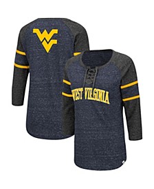 Women's Navy and Heathered Charcoal West Virginia Mountaineers Scienta Pasadena Raglan 3/4 Sleeve Lace-Up T-shirt