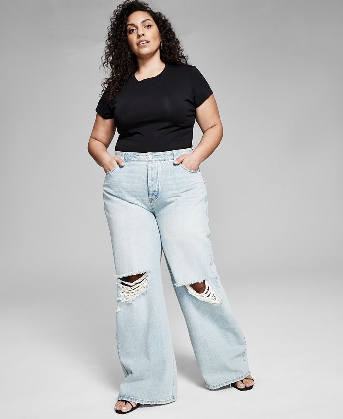 Plus Ripped Wide Leg Jeans with High Waist