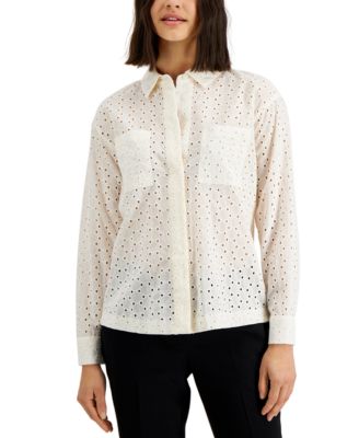 Alfani - Petite Cotton Eyelet Button-Front Top