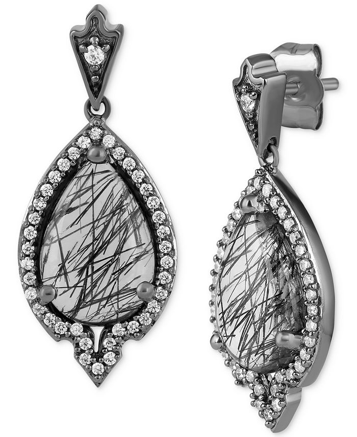 Enchanted Disney Fine Jewelry - Rutile Quartz (4 ct. t.w.) & Diamond (1/3 ct. t.w.) Maleficent Villains Drop Earrings in Black Rhodium-Plated Sterling Silver