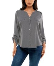 Adrienne Vittadini Women's 3/4 Rollup Sleeve V-neck Top with Zipper Pockets