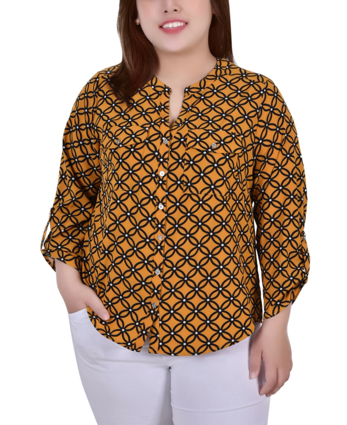 NY COLLECTION PLUS SIZE 3/4 SLEEVE ROLL TAB Y NECK BLOUSE 