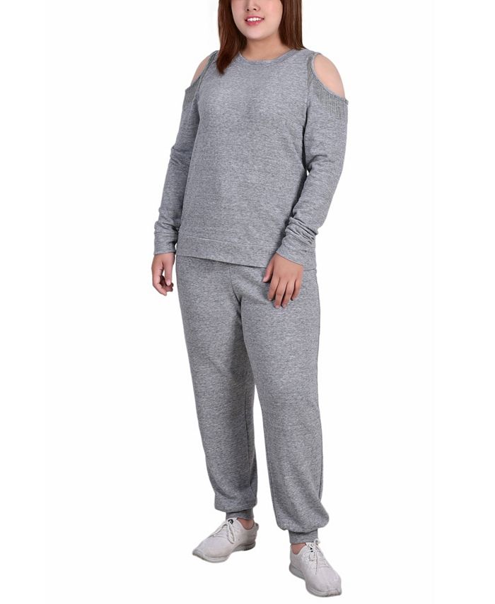 NY Collection Plus Size Long Sleeve Cold Shoulder Jogger Set - Macy's
