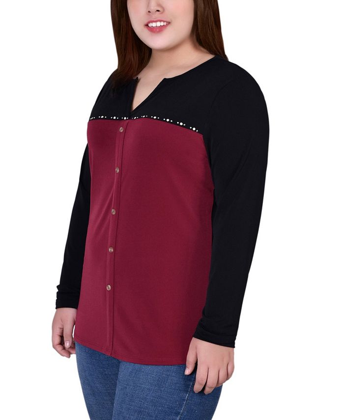 Ivory Long Sleeve Studded Colorblocked Split Neck Top - Petite