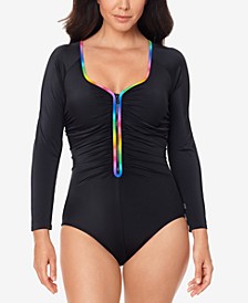 Swim Rainbows & Stripes Long-Sleeve Zip One-Piece Swimsuit