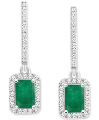 Macy's - Emerald (1-1/8 ct. t.w.) & Diamond (1/3 ct. t.w.) Leverback Drop Earrings in Sterling Silver (Also in Ruby & Sapphire)