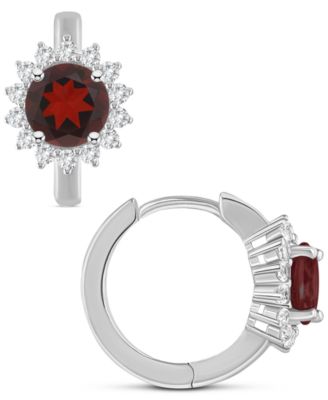 Rhodolite Garnet (2-1/5 ct. t.w.) & White Topaz (1/2 ct. t.w.) Halo Hoop Earrings in Sterling Silver (Also in Peridot, Blue Topaz, Amethyst & Citrine)