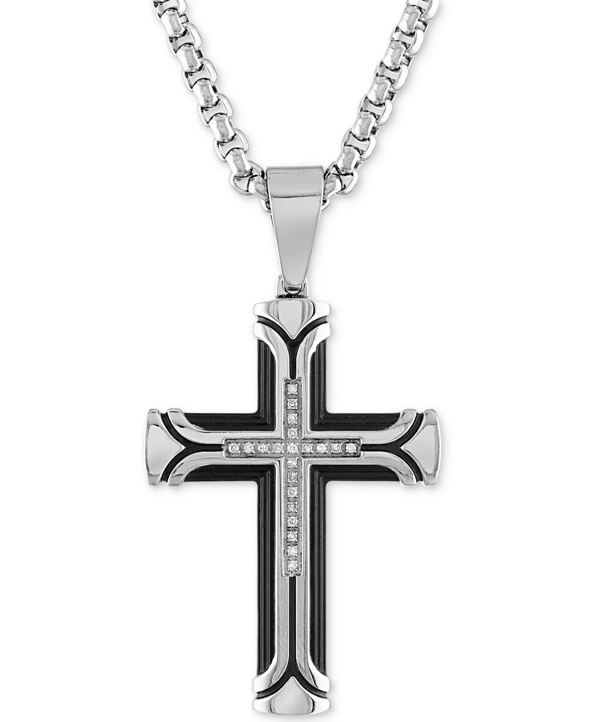 Diamond Cross 22" Pendant Necklace (1/10 ct. t.w.) in Ion-Plated Stainless Steel, Created for Macy's - Black