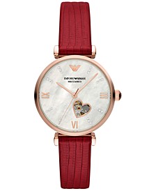 Women's Automatic Red Leather Strap Watch 34mm