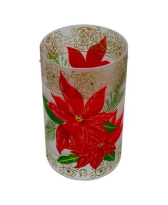 10" Hand-Painted Poinsettias and Flameless Glass Christmas Candle Holder