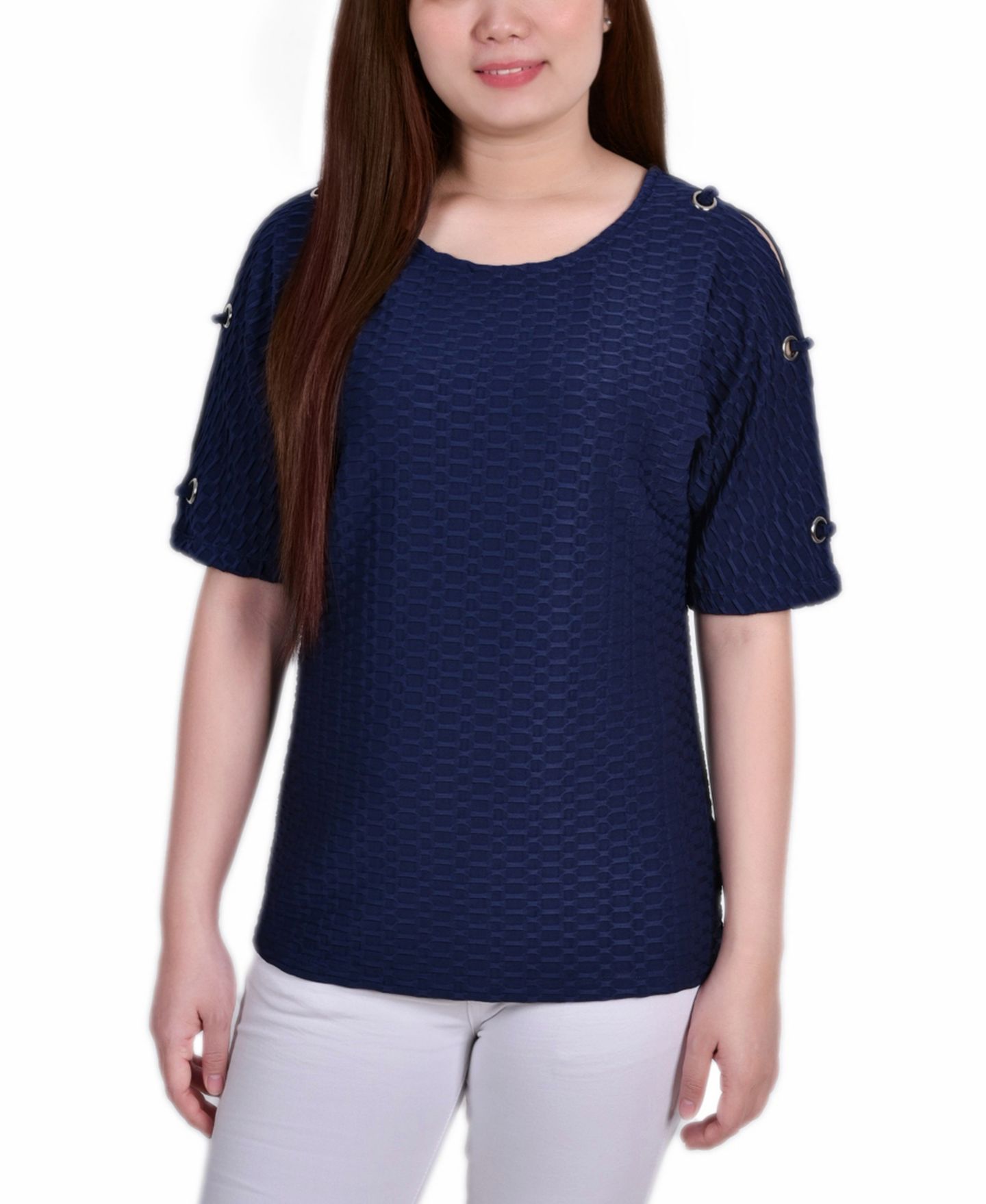 Женский топ NY Collection Petite Short Sleeve Honeycomb Textured Grommet, цвет: Тёмный синий — фото 1