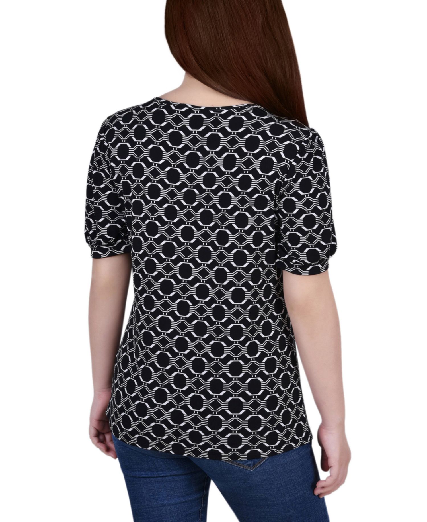 Petite Short Puff Sleeve Mesh Inset Top