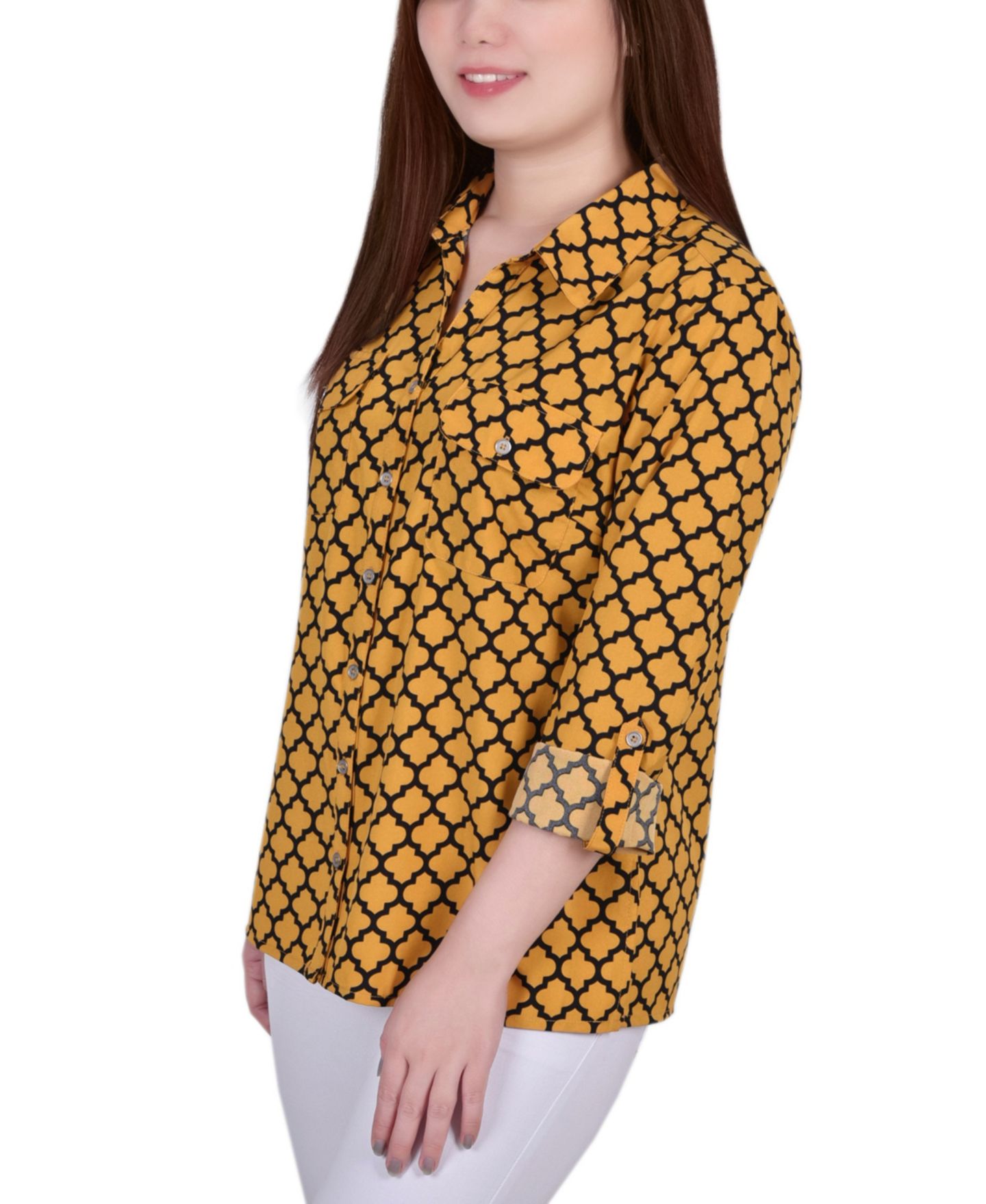 Женская рубашка NY Collection 3/4 Roll Tab with Pockets, цвет: Золотой сияющий чёрный — фото 3