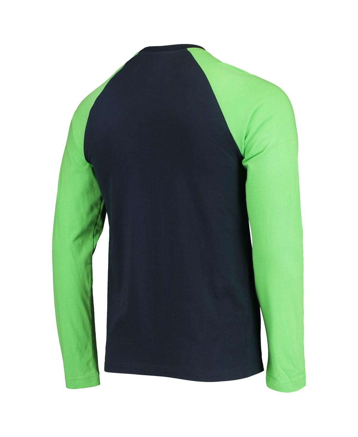 NEW ERA MEN'S COLLEGE NAVY, NEON GREEN SEATTLE SEAHAWKS LEAGUE RAGLAN LONG SLEEVE T-SHIRT 