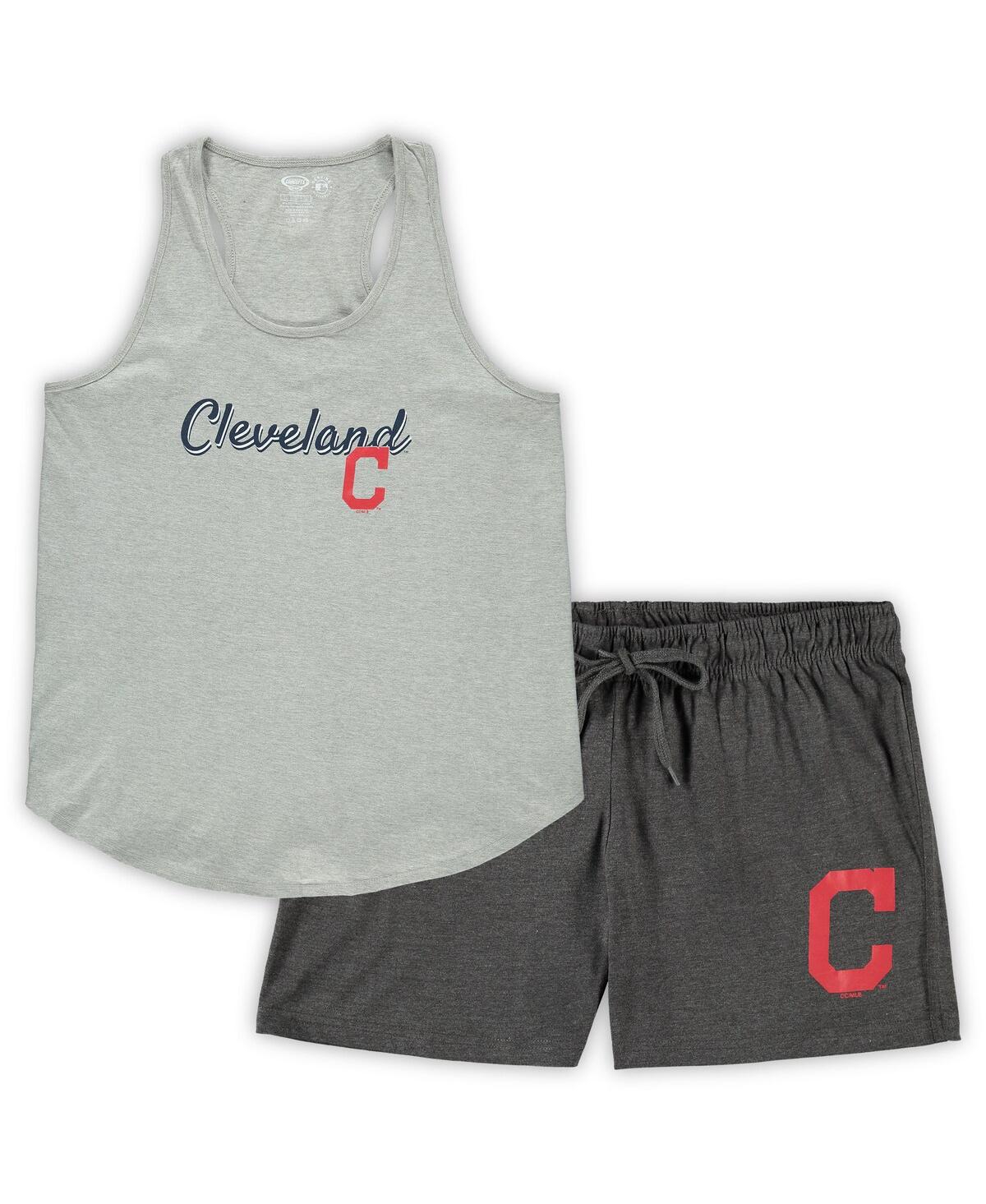 Concepts Sport Women's Heathered Gray, Heathered Charcoal Cleveland Indians Plus Size Tank Top And Shorts Sleep Set In Heathered Gray,heathered Charcoal