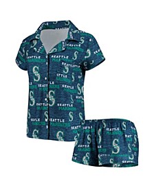 Women's Navy Seattle Mariners Zest Allover Print Button-Up Shirt and Shorts Sleep Set