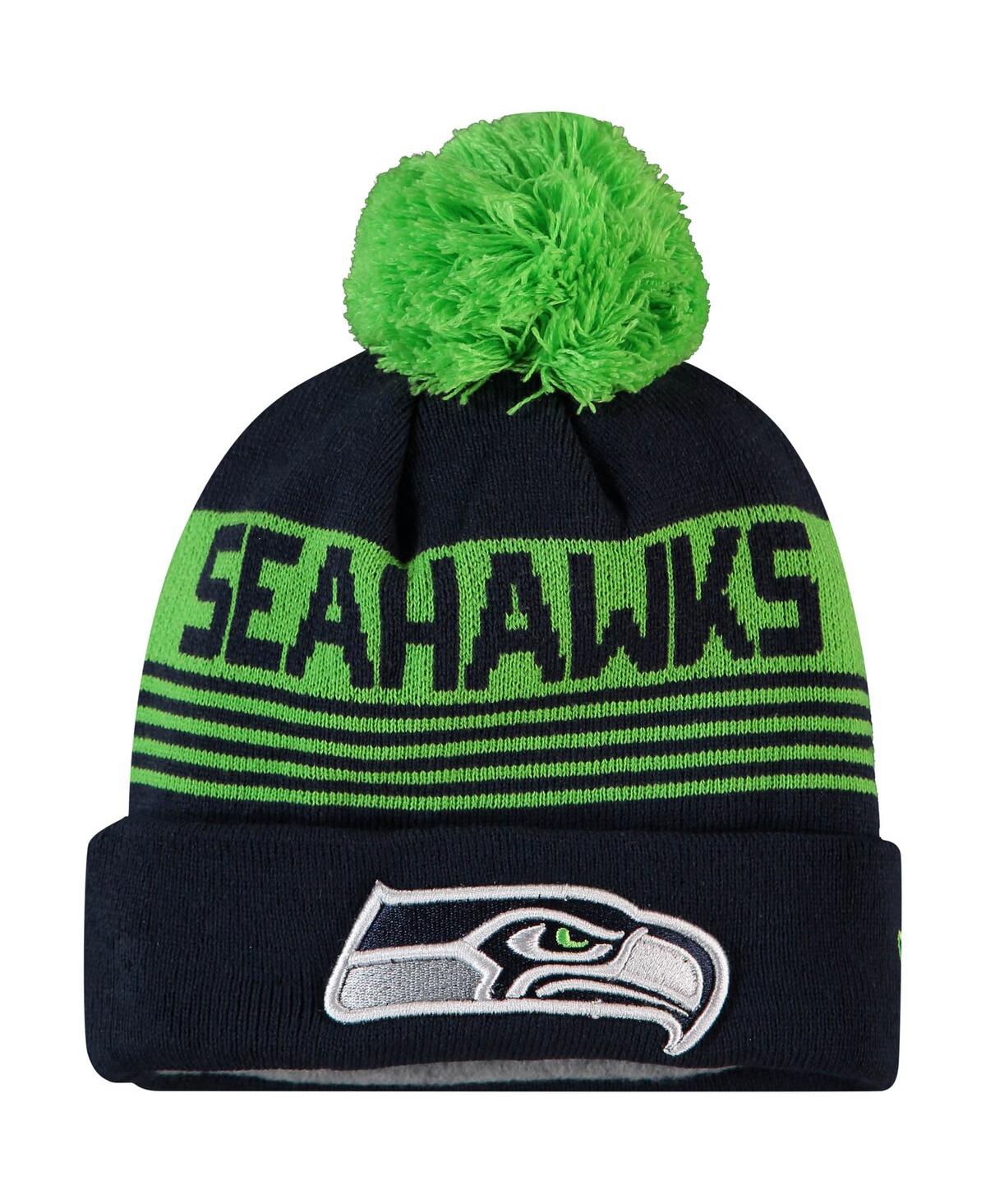 New Era Kids' Big Boys College Navy Seattle Seahawks Proof Cuffed Knit Hat With Pom