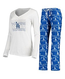 Women's White, Royal Los Angeles Dodgers Flagship Long Sleeve V-Neck T-shirt and Pants Sleep Set