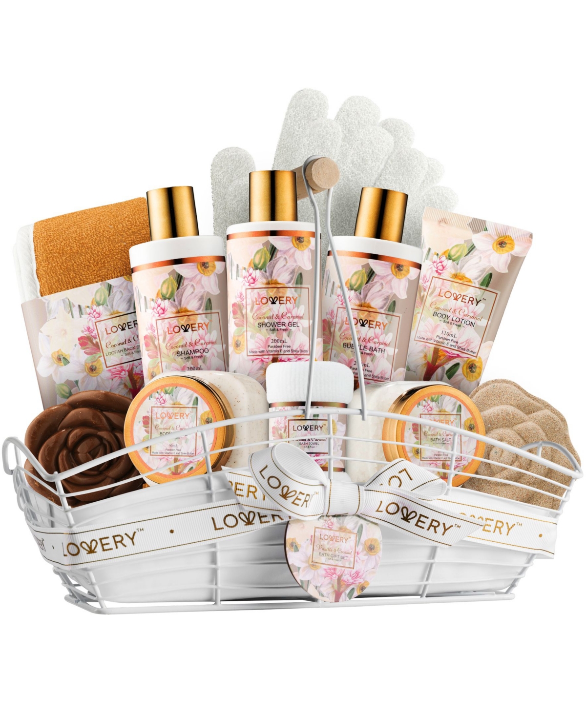 Lovery Coconut Caramel Spa Gift Basket and Body Care Gift Set, Self Care Package, 13 Piece