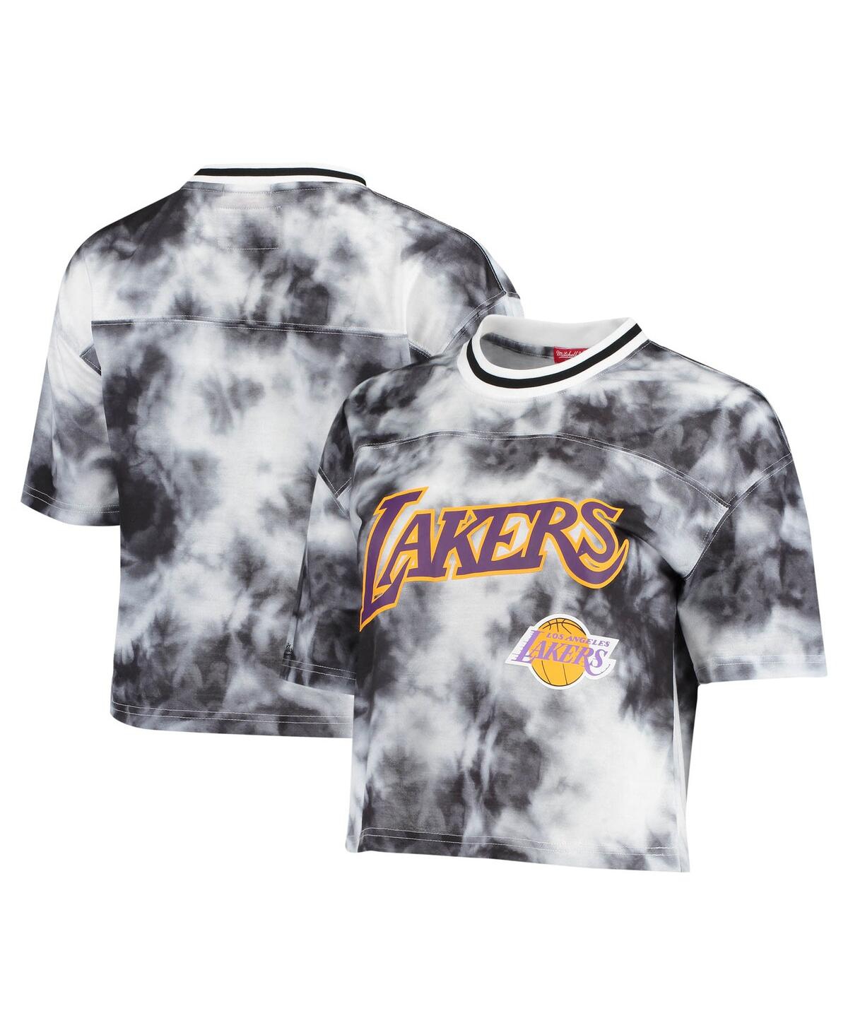 Shop Mitchell & Ness Women's Black And White Los Angeles Lakers Hardwood Classics Tie-dye Cropped T-shirt In Black,white