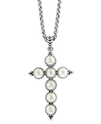 EFFY Collection - Cultured Freshwater Pearl (4mm) Cross 18" Pendant Necklace in Sterling Silver