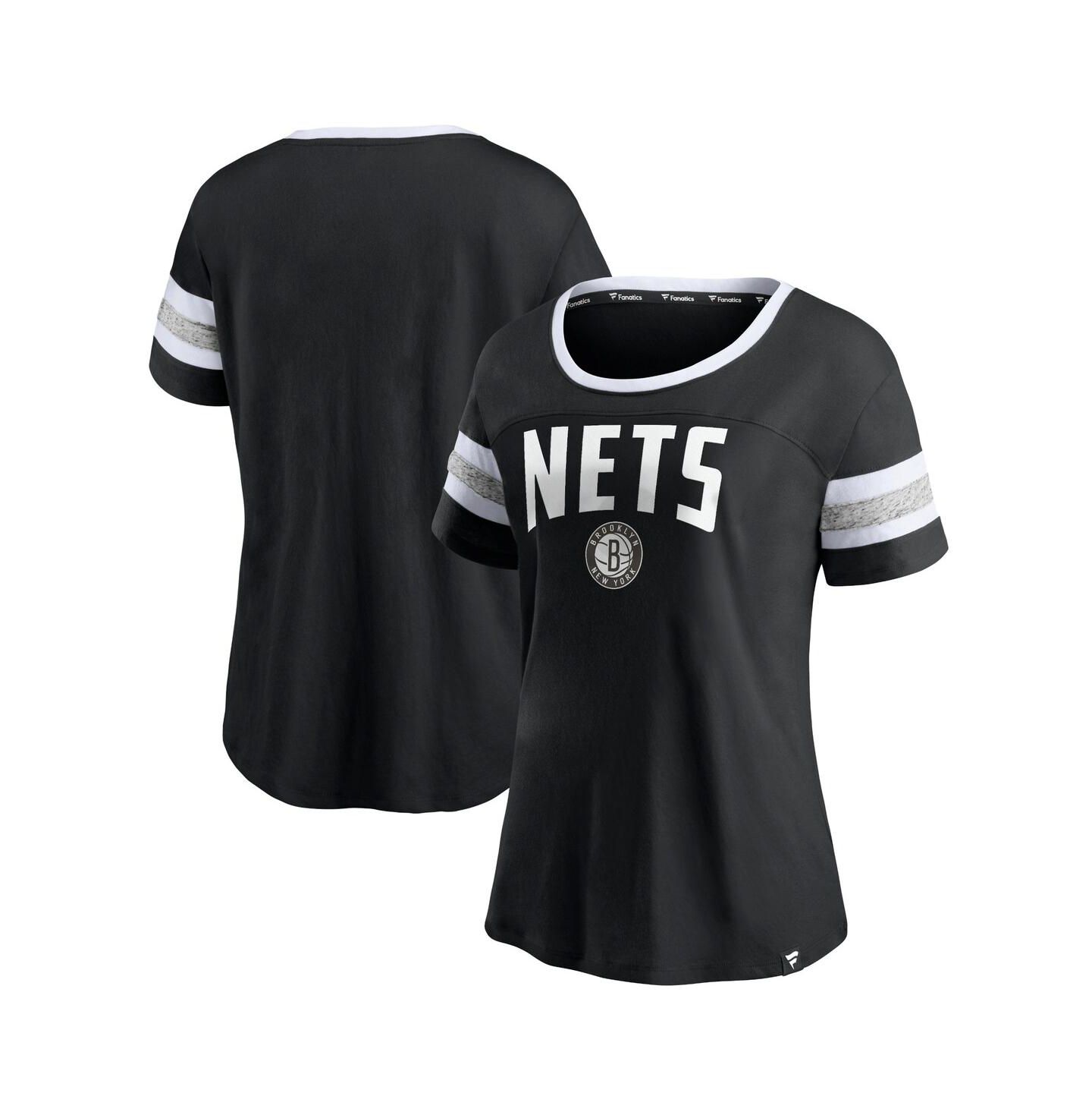 Женская футболка Fanatics Black and Heathered Gray Brooklyn Nets Block Party Striped Sleeve — фото 1