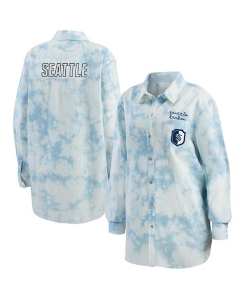 Женская рубашка WEAR by Erin Andrews White Seattle Kraken Oversized Tie-Dye Button-Up Denim