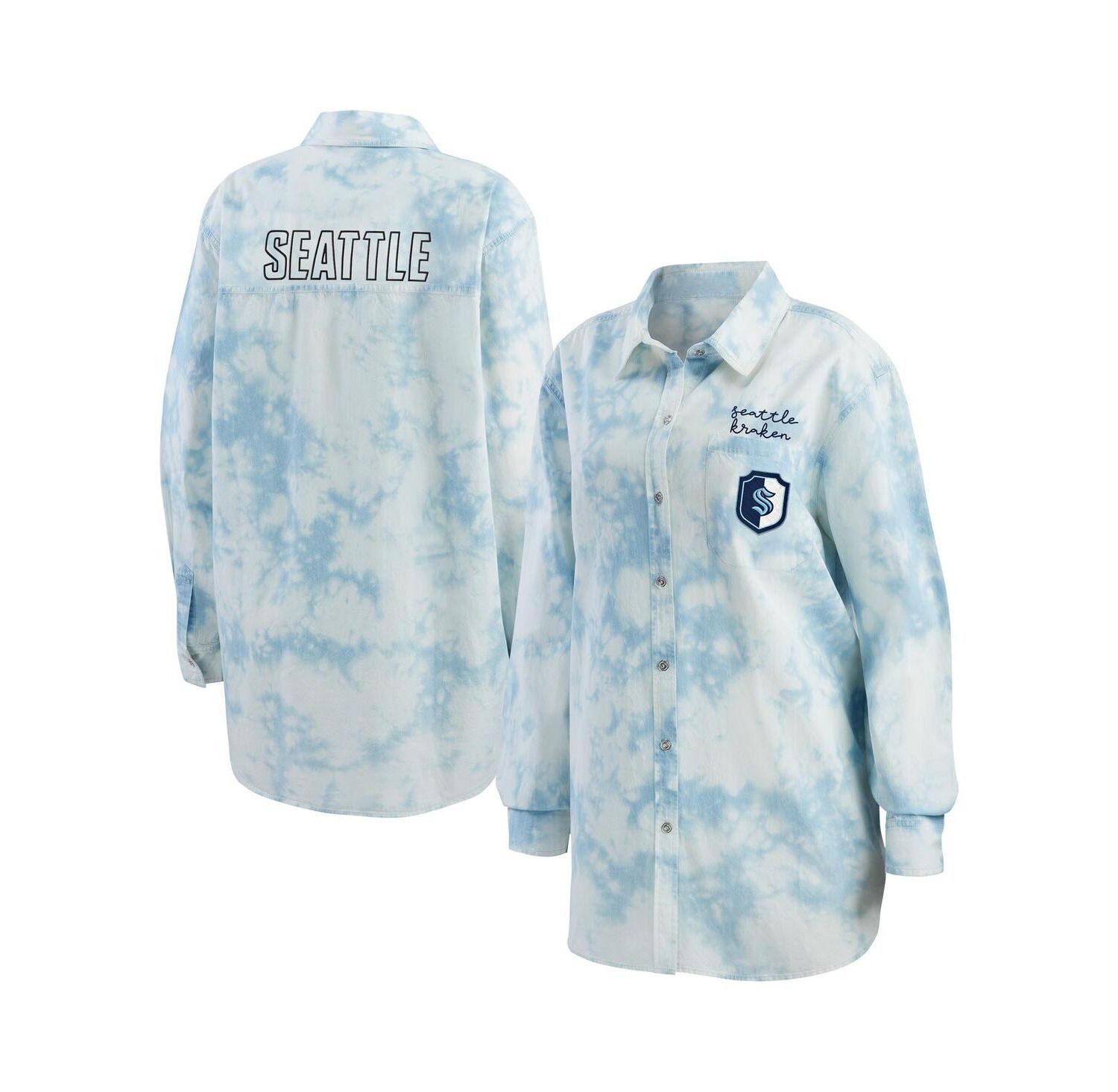 Women's White Seattle Kraken Oversized Tie-Dye Button-Up Denim Shirt