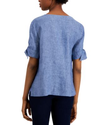 Petite 100% Linen Split-Neck Tie Sleeve Top