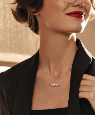 Cultured Freshwater Pearl (3 - 6-1/2mm) & White Topaz (1/8 ct. t.w.) Cluster Bar 18" Pendant Necklace in 18k Gold-Plated Sterling Silver