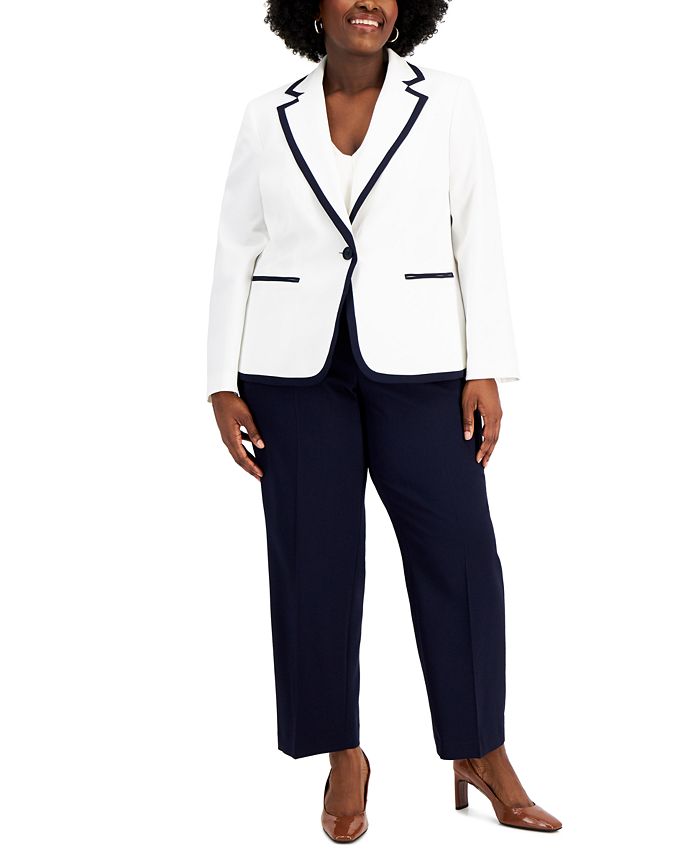 Le Suit Plus Size Contrast-Trim One-Button Pantsuit -