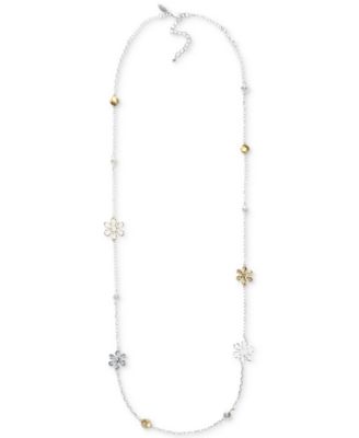 Photo 1 of Style & Co Two-Tone Flower & Imitation Pearl Long Station Necklace, 42" + 3" extender, Created for Macy's