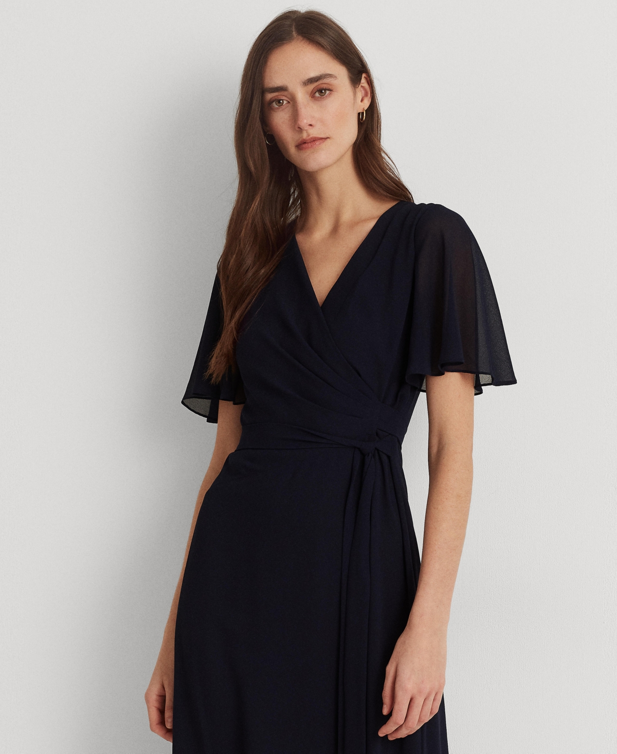 Ralph Lauren Women's Self-belt Roll-tab Sleeve Surplice Crepe Dress In Lighthouse Navy