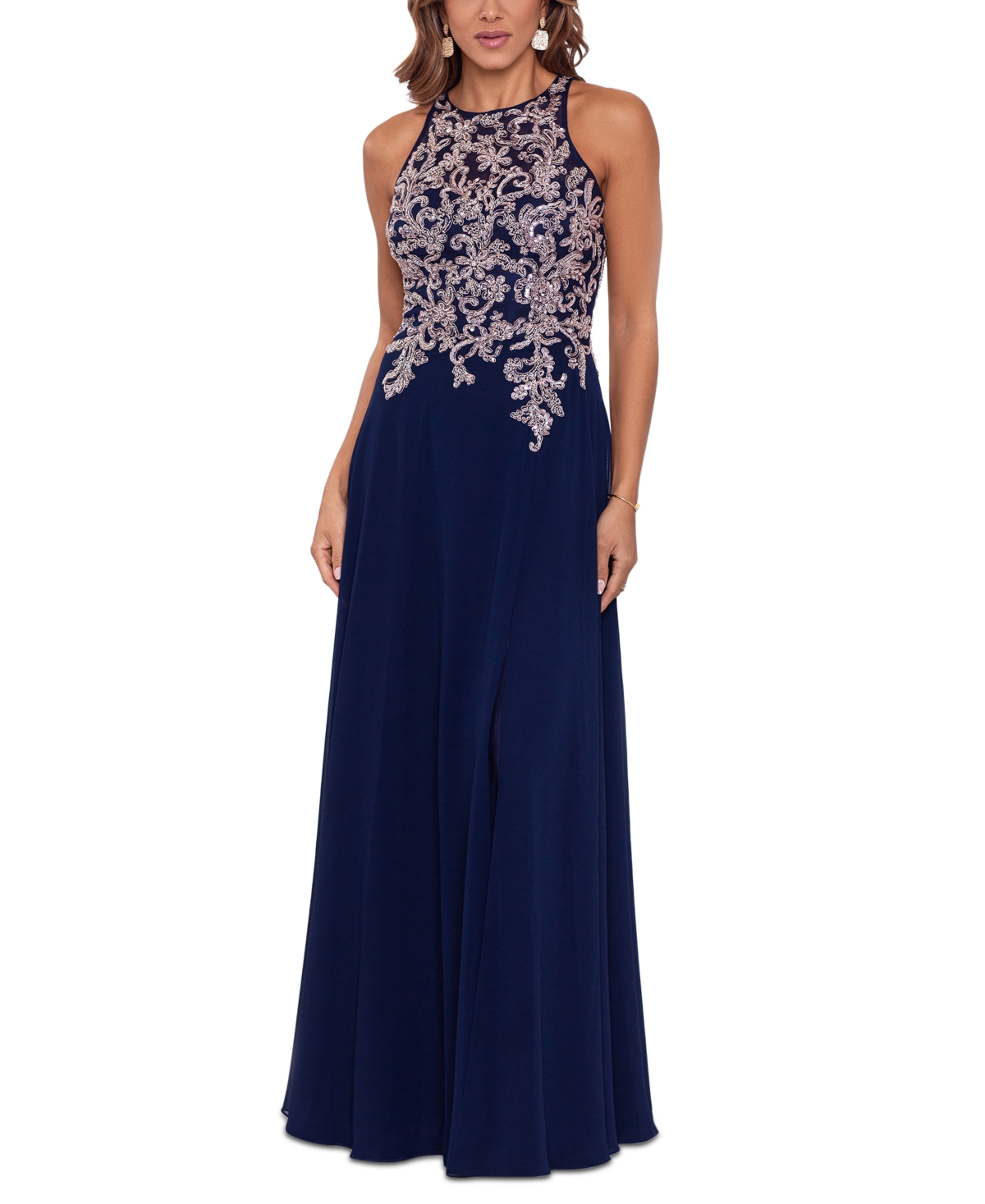 Shop Betsy & Adam Embellished-bodice Chiffon Gown In Navy,rose