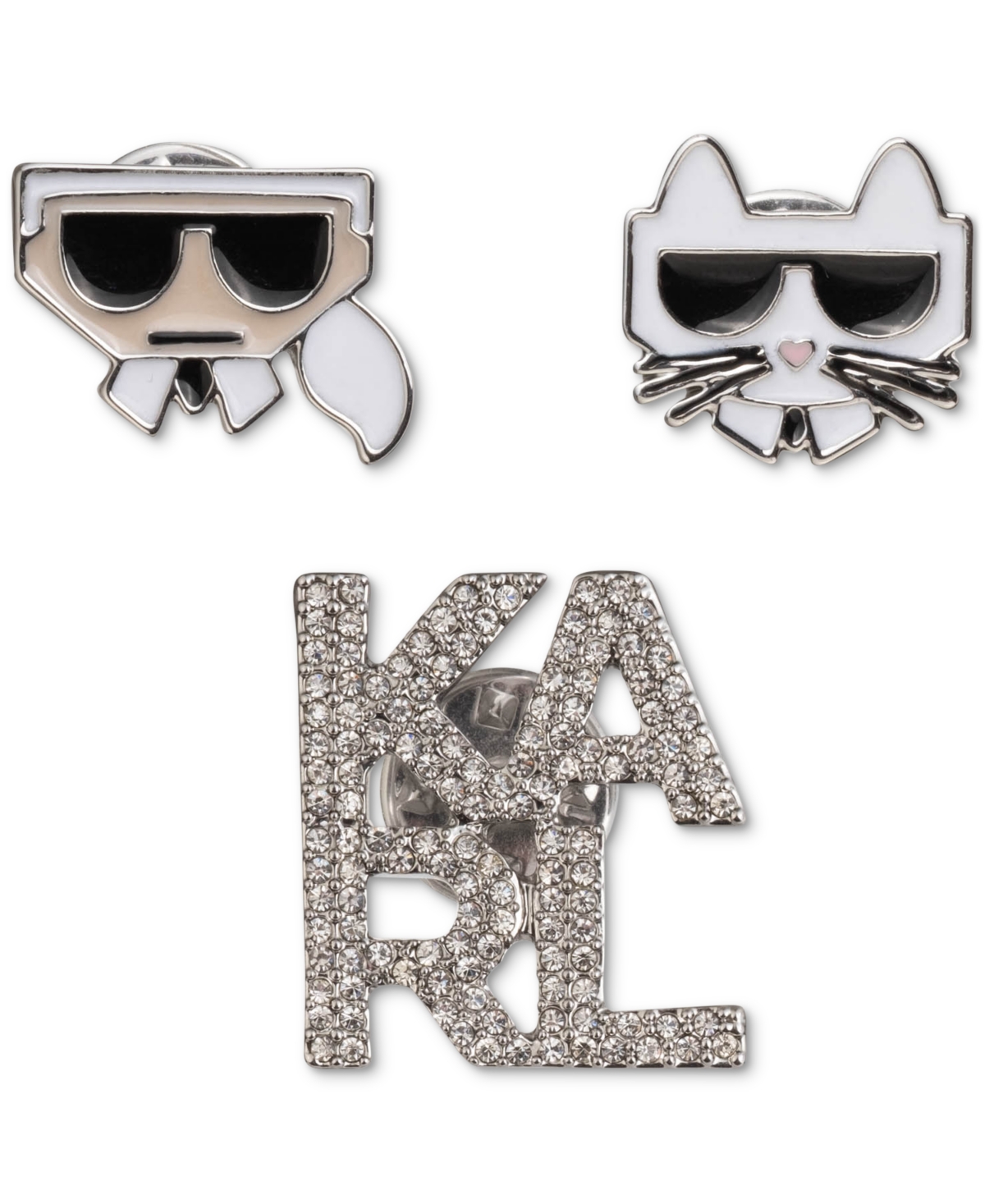 Silver-Tone 3-Pc. Set Pave Logo & Choupette Pins - Crystal