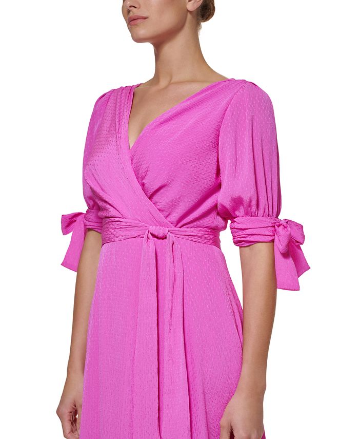 dkny tie sleeve faux wrap dress