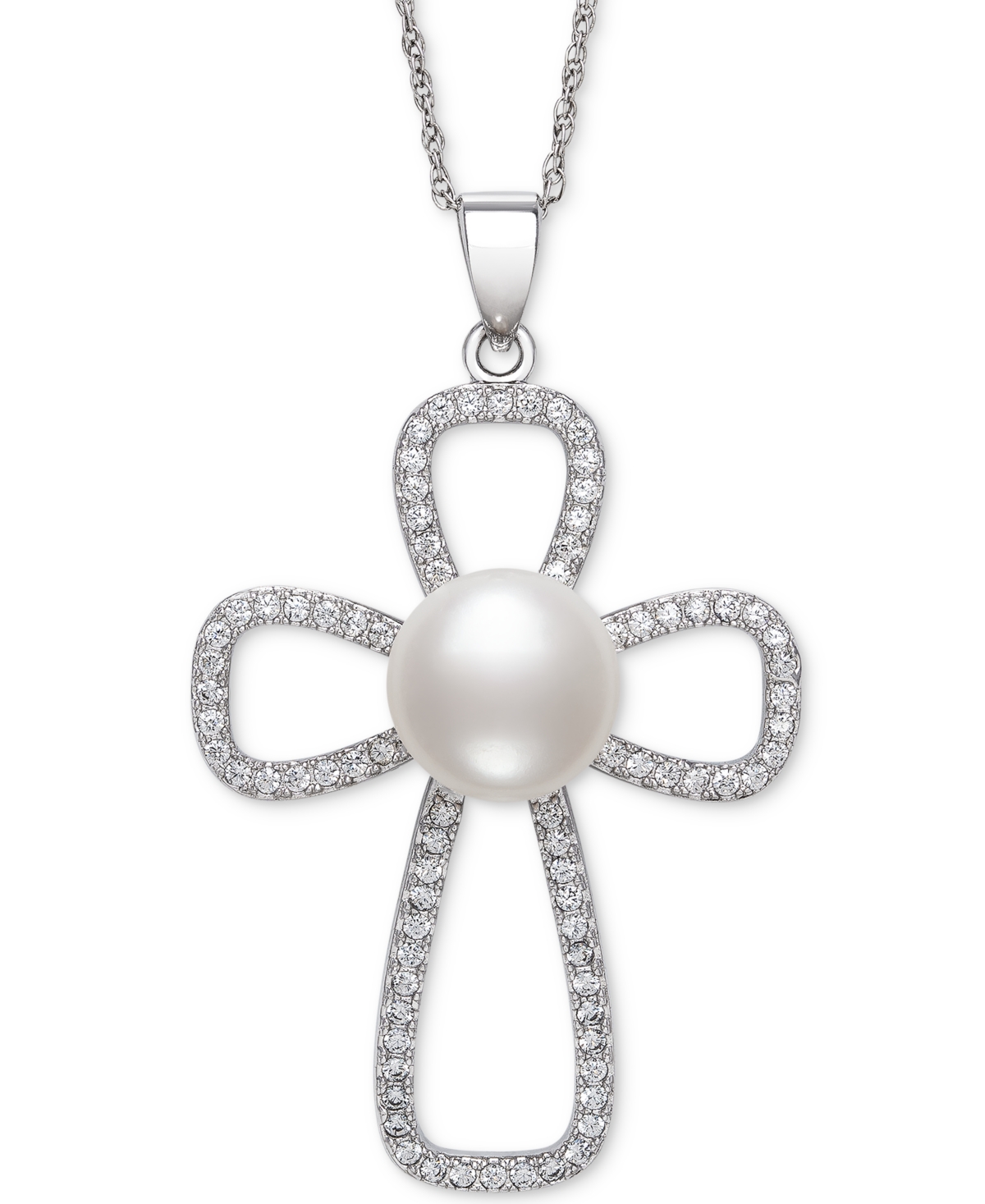 Cultured Freshwater Button Pearl (10mm) & Cubic Zirconia Cross 18" Pendant Necklace in Sterling Silver - Sterling Silver