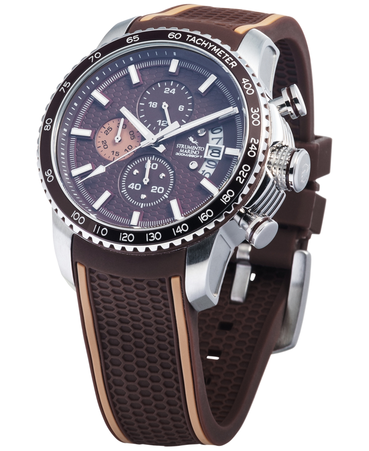 Shop Strumento Marino Men's Chronograph Freedom Brown Perforated Silicone Strap Watch 45mm