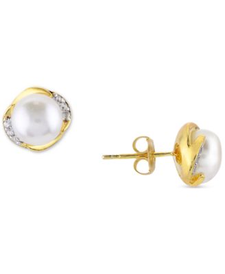 Macy's - Cultured Freshwater Pearl (7mm) & White Topaz (1/6 ct. t.w.) Stud Earrings in 14k Gold-Plated Sterling Silver