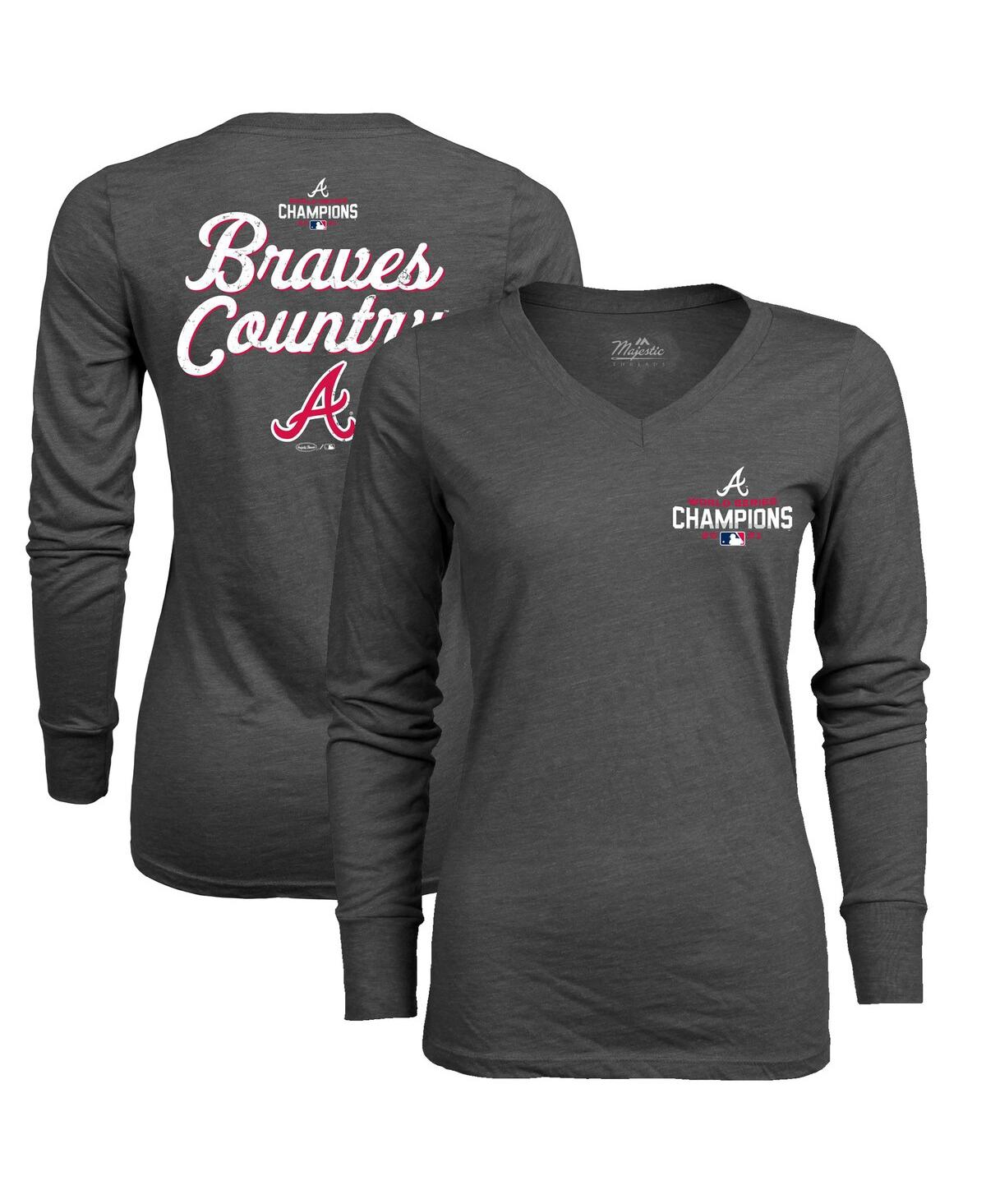 Women's Majestic ThreadsAtlanta Braves 2021 World Series Champions Hometown Long Sleeve V-Neck T-shirt - Charcoal