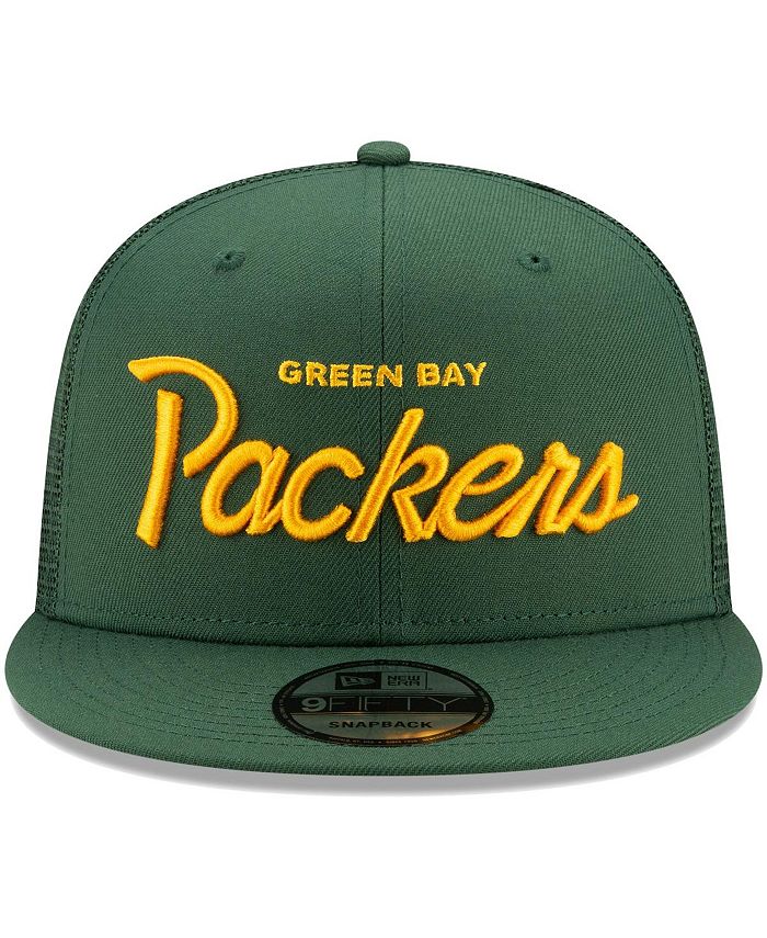 New Era Men's Green Green Bay Packers Script Trucker 9FIFTY Snapback ...