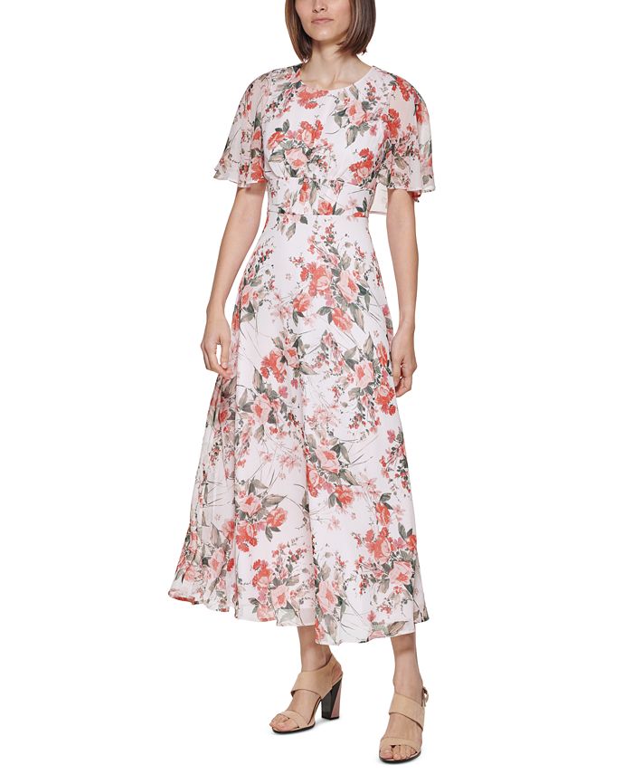 Calvin Klein Floral-Print Capelet Maxi Dress - Macy's