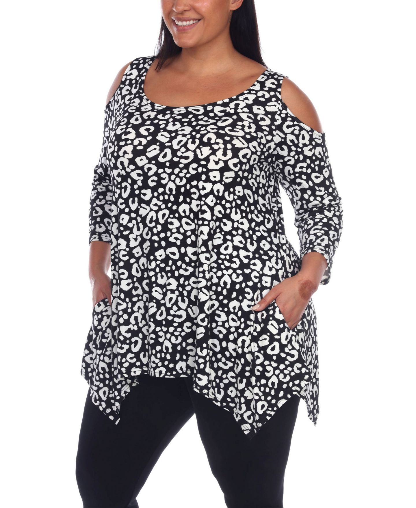 Женский топ White Mark Plus Size Leopard Cold Shoulder Tunic Top, цвет: Чёрный леопардовый — фото 3
