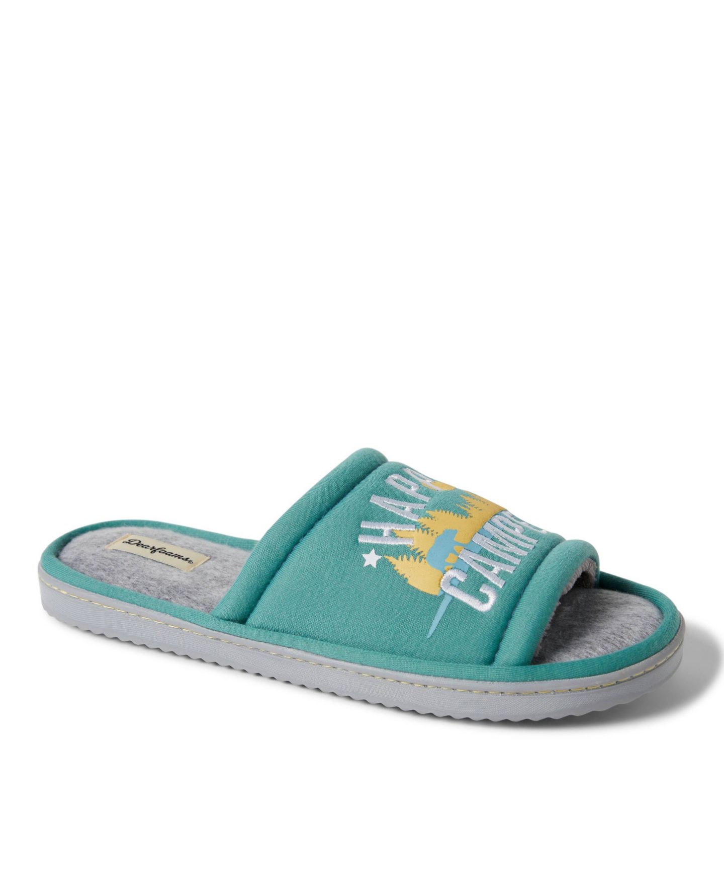 Мужские тапочки Dearfoams Lennox Happy Camper Knit Shower Slide House Slipper, цвет: Зелёный — фото 1