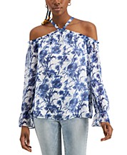 INC Womens Blue Off-The-Shoulder Floral Long Sleeves Casual Top XS BHFO 7311 