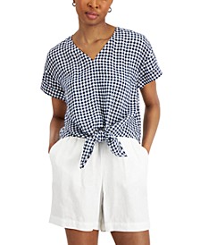 Women's Linen Plaid Tie-Front Top, Created for Macy's